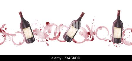 Red Wine bottle with splatters and splashed seamless border. Hand drawn watercolor illustration isolated on white background. For winery, packaging, f Stock Photo