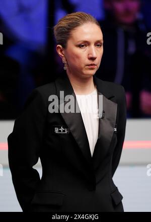 Snooker referee Tatiana Woollaston on day fourteen of the 2024 Cazoo World Snooker Championship at the Crucible Theatre, Sheffield. Picture date: Friday May 3, 2024. Stock Photo