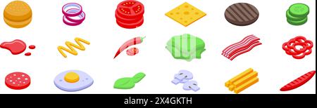 Flying burger ingredients icons set isometric vector. Fast food. Floating layer Stock Vector