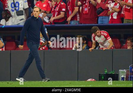 Trainer Thomas Tuchel (FCB), team manager, headcoach, coach,  Thomas MUELLER, MÜLLER, FCB 25 sad after the semi final match   FC BAYERN MUENCHEN - REAL MADRID 2-2 of football UEFA Champions League in season 2023/2024 in Munich, Apr 30, 2024.  Halbfinale,, FCB, München Photographer: ddp images / star-images Stock Photo