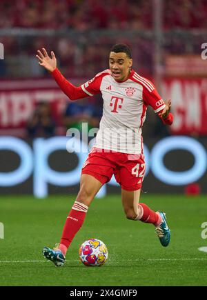 Jamal MUSIALA, FCB 42  in the semi final match   FC BAYERN MUENCHEN - REAL MADRID 2-2 of football UEFA Champions League in season 2023/2024 in Munich, Apr 30, 2024.  Halbfinale,, FCB, Muenchen Photographer: ddp images / star-images Stock Photo
