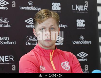 Oriam Sports Centre Edinburgh.Scotland.UK.3rd May 24 Hearts Frankie Kent of Hearts Press Conference ahead of Celtic Match. Credit: eric mccowat/Alamy Live News Stock Photo