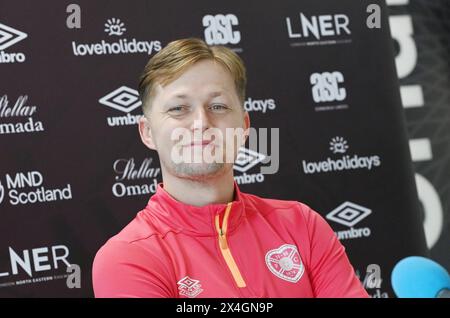 Oriam Sports Centre Edinburgh.Scotland.UK.3rd May 24 Hearts Frankie Kent of Hearts Press Conference ahead of Celtic Match. Credit: eric mccowat/Alamy Live News Stock Photo