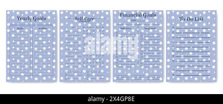 Life and study planner blue paper sheets. Worksheet template set with heavenly universe elements pattern. Blank printable goal setting sheets. Schedul Stock Vector