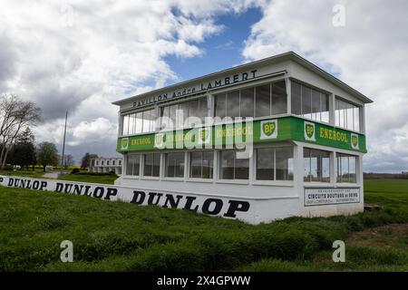 GUEUX, FRANCE, 3 APRIL 2024: The Andre Lambert Pavillion at the abandoned Reims-Gueux motor racing circuit located at Gueux. It is a tourist attractio Stock Photo