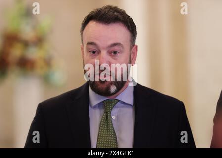 Leader of the SDLP Colum Eastwood speaking to members of the media following a meeting with Taoiseach Simon Harris, in the Parliament Buildings at Stormont. Picture date: Friday May 3, 2024. Stock Photo