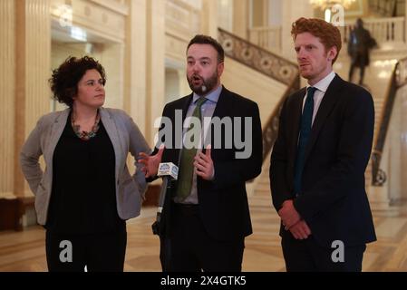 (left to right) Claire Hanna, and leader of the SDLP Colum Eastwood and Matthew O'Toole speaking to members of the media following a meeting with Taoiseach Simon Harris, in the Parliament Buildings at Stormont. Picture date: Friday May 3, 2024. Stock Photo
