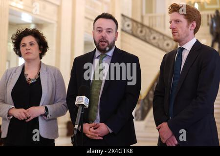 (left to right) Claire Hanna, and leader of the SDLP Colum Eastwood and Matthew O'Toole speaking to members of the media following a meeting with Taoiseach Simon Harris, in the Parliament Buildings at Stormont. Picture date: Friday May 3, 2024. Stock Photo