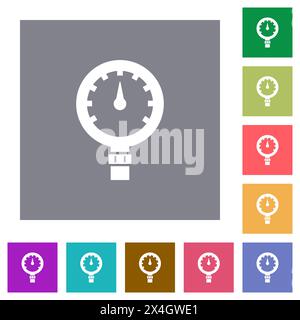 Pressure gauge medium pressure flat icons on simple color square backgrounds Stock Vector