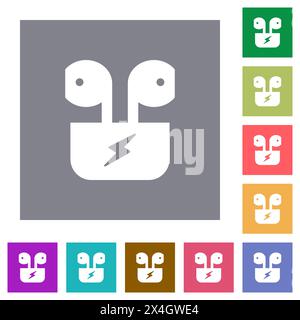 Charging wireless earphones solid flat icons on simple color square backgrounds Stock Vector
