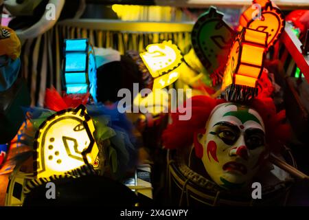 Basbl Masks BASEL, SWITZERLAND. Fasnacht clown masks and drums outside a bar in ...