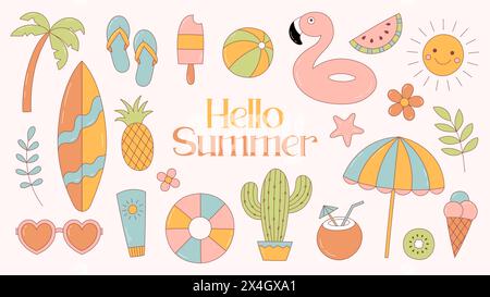 Collection of colorful summer elements. Flamingo, sunglasses, fruits, palm, surfboard, beach umbrella. Vector illustration Stock Vector