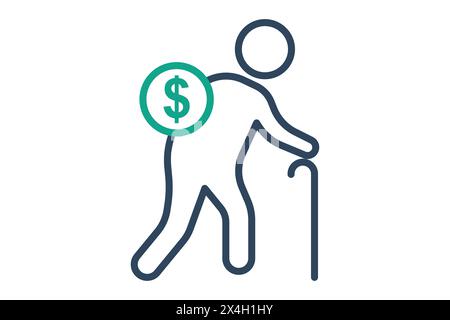 retirement icon. elderly using walking stick with dollar. icon related to elderly. line icon style. old age element illustration Stock Vector