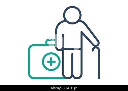 health icon. elderly using walking stick with health box. icon related to elderly. line icon style. old age element illustration Stock Vector