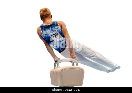 rear view male gymnast exercising on pommel horse, isolated on white background Stock Photo