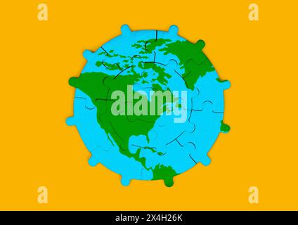 Gear-shaped jigsaw puzzle depicting the green North American continent surrounded by vast oceans. Geography, mechanics and global connectivity related Stock Photo