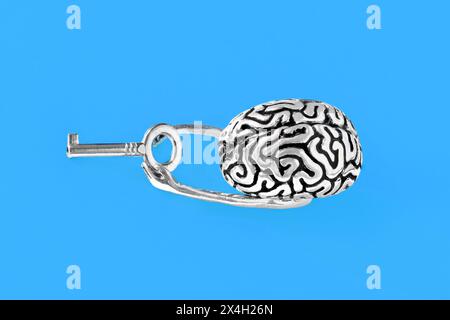 Human brain model holds a silver-toned key in cute hands isolated on blue. Potential unlocking related concept. Stock Photo