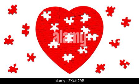 Incomplete red heart-shaped jigsaw puzzle and missing pieces arranged on a serene white backdrop. Love and unity related concept. Stock Photo