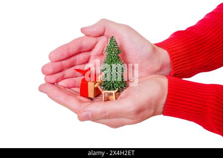 Cupped hands cradle a miniature Christmas scene – tiny New Year tree, toy reindeer and a wrapped gift box. Stock Photo