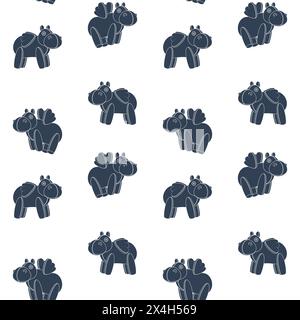 Seamless pattern with toy hippo with wings. Black and white vector background. Stock Vector
