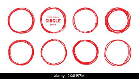 Round brush stroke red stamp vector frame. Hand drawn rough scribble red effect line. Paint color crayon brush stroke frame. Scribble hand drawn grunge doodle circle set. Vector illustration Stock Vector
