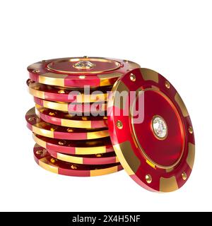 3d render of red and gold poker chips with diamond on a white background Stock Photo