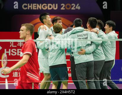 Chengdu, China's Sichuan Province. 3rd May, 2024. Members of Team Chinese Taipei celebrates winning the quarterfinal between Chinese Taipei and Denmark at BWF Thomas Cup Finals in Chengdu, southwest China's Sichuan Province, May 3, 2024. Credit: Jiang Hongjing/Xinhua/Alamy Live News Stock Photo