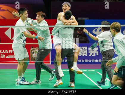 Chengdu, China's Sichuan Province. 3rd May, 2024. Members of Team Chinese Taipei celebrates winning the quarterfinal between Chinese Taipei and Denmark at BWF Thomas Cup Finals in Chengdu, southwest China's Sichuan Province, May 3, 2024. Credit: Jiang Hongjing/Xinhua/Alamy Live News Stock Photo