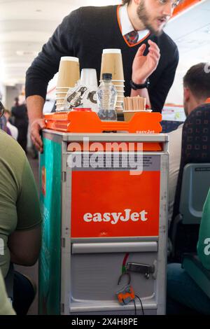 Easyjet Snack Box A trolley cart during an Easyjet flight. Cabin crew / air stewardess ...