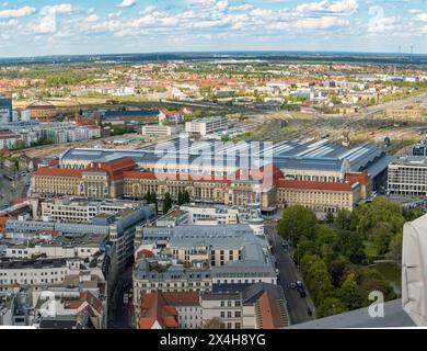 Leipzig Central Railway Station building from above. Aerial view of the main station in the city. Public transportation and shopping mall in Saxony. Stock Photo