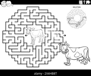 Cartoon illustration of educational maze puzzle game for children with calf and cow animal characters coloring page Stock Vector