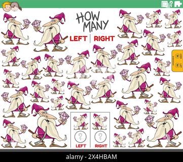 Cartoon illustration of educational game of counting left and right oriented pictures of dwarf with gem Stock Vector