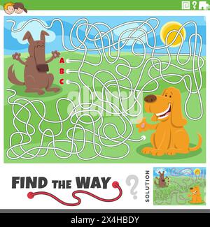 Cartoon illustration of find the way maze puzzle activity with funny dogs animal characters Stock Vector