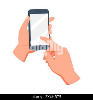 Hand holding a mobile phone with blank screen on white background. Finger touching. Hand holds smartphone. Stock Vector