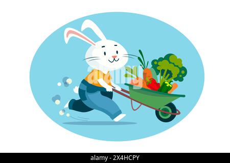 Cute flat cartoon rabbit with vegetables in wheelbarrow. Farm and garden, plants. Vector flat isolated illustration on white background. Stock Vector