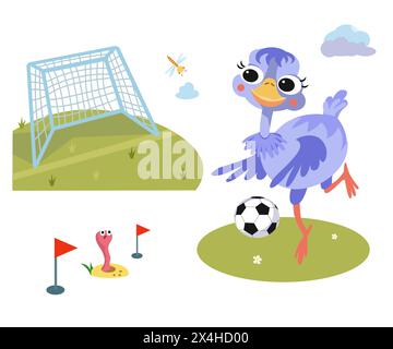 Cute ostrich playing football. Sports ball and goal. Vector cartoon isolated illustration on white background. Funny bird animal for design.  Stock Vector