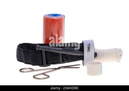 Military medical items with first aid kit isolated on white background Stock Photo