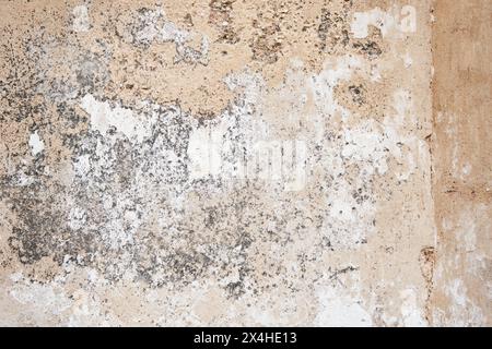 Cracked concrete wall covered with gray cement surface. Grey old wall with shabby damaged plaster or cement and brick background of an vintage dirty e Stock Photo