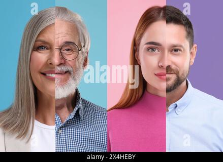 Men and women of diverse ages on color backgrounds. Collage with parts of different people's photos Stock Photo