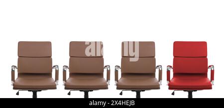 Vacant position. Red office chair among brown ones on white background, banner design Stock Photo