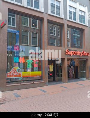 Amsterdam, Netherlands - May 18, 2018: Entrance to Superdry Store Modern Clothing Shop at Kalverstraat Street City Centre. Stock Photo