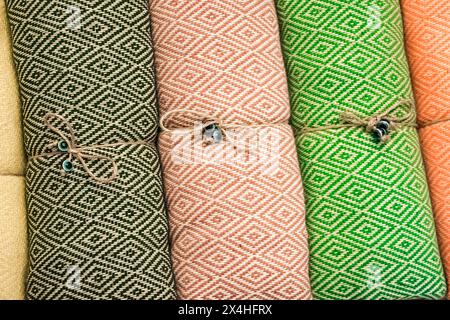 colorful bath towels displayed for sale at an istanbul shop Stock Photo
