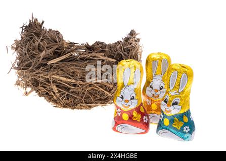 bird's nest with chocolate bunnies isolated on white background Stock Photo