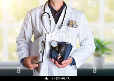 Detail doctor showing blood pressure monitor dressed in white coat with stethoscope folder and medications with window background. Front view. Stock Photo