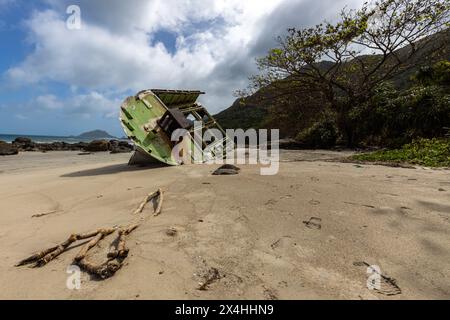 Boats Wreck on a beach of Con Dao in Vietnam Stock Photo