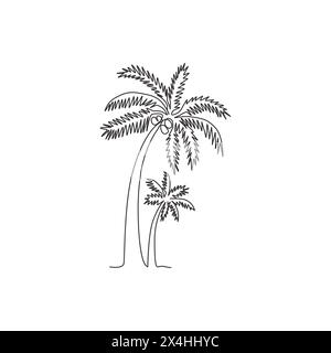Single one line drawing of coconut tree. Decorative cocos nucifera, beach palm tree family concept for greeting hello summer post card. Modern continu Stock Vector