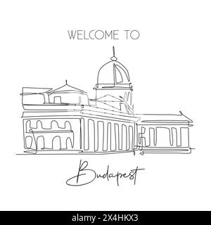 One single line drawing Buda Castle landmark. World famous iconic palace in Budapest Hungary. Tourism travel postcard wall decor poster print concept. Stock Vector