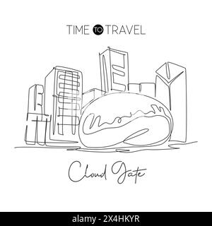 Depok, Indonesia - August 6, 2019: Single continuous line drawing Cloud Gate office building landmark. Beauty famous place in Chicago, USA. World trav Stock Vector