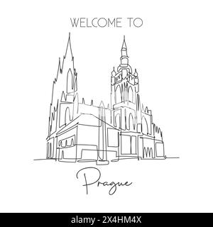 Single continuous line drawing Prague Castle landmark. Ancient castle in the world at Czech Republic. World travel home wall decor poster print concep Stock Vector