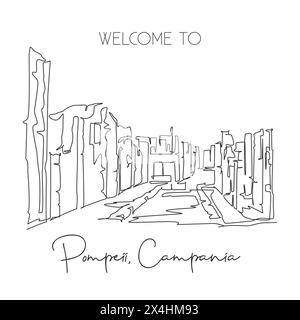 One continuous line drawing Pompeii classical Roman city landmark. Historical skyline at Naples, Italy. Holiday vacation wall decor poster concept. Tr Stock Vector